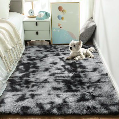Picture of Ophanie Tie-Dyed Black&Grey Area Rugs for Bedroom Living Room, Fluffy Shag Fuzzy Carpet, Plush Shaggy Rug, 4x6 Indoor Carpet for Kids Boys Dorm Home Decor Aesthetic, Nursery