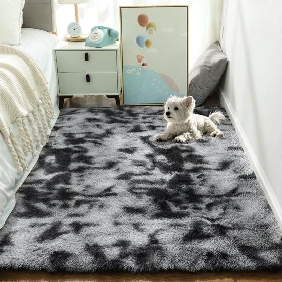 Picture of Ophanie Tie-Dyed Black&Grey Area Rugs for Bedroom Living Room, Fluffy Shag Fuzzy Carpet, Plush Shaggy Rug, 4x6 Indoor Carpet for Kids Boys Dorm Home Decor Aesthetic, Nursery