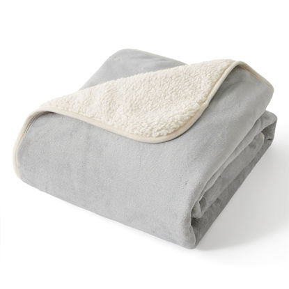 Picture of Bedsure Waterproof Blanket for Bed - Sherpa Fleece Waterproof Dog Blankets for Large Dogs, Pet Blankets for Bed/Couch/Dog Crate, Soft Plush Reversible Furniture Protector, Twin, 80"x60", Light Grey