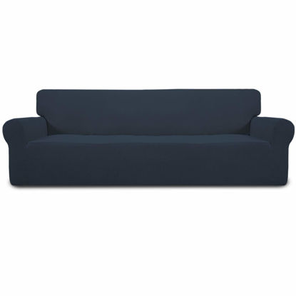 Picture of Easy-Going Stretch 4 Seater Sofa Slipcover 1-Piece Sofa Cover Furniture Protector Couch Soft with Elastic Bottom for Kids, Polyester Spandex Jacquard Fabric Small Checks Dark Blue