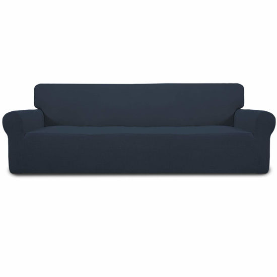 Picture of Easy-Going Stretch 4 Seater Sofa Slipcover 1-Piece Sofa Cover Furniture Protector Couch Soft with Elastic Bottom for Kids, Polyester Spandex Jacquard Fabric Small Checks Dark Blue