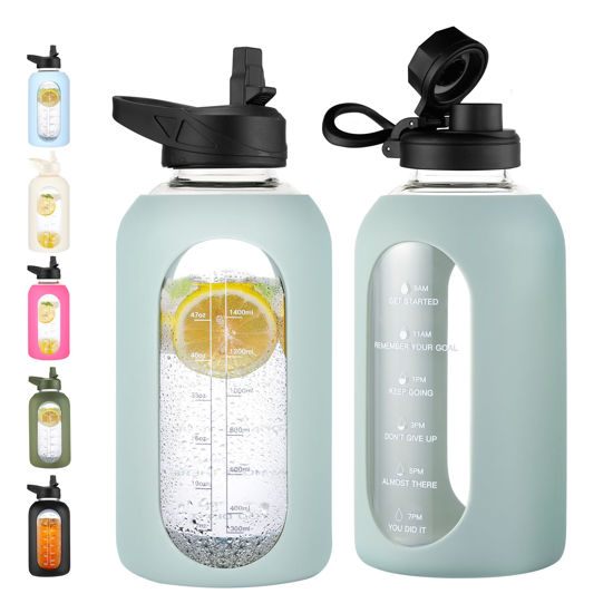 Picture of CIVAGO 64 oz Glass Water Bottle Jug with Straw and Handle, Half Gallon Sports Motivational Water Bottle with Time Marker and 2 Lids, Water Flask Canteen with Silicone Sleeve for Gym, Sage
