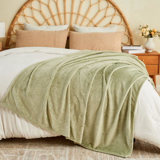 Picture of NEWCOSPLAY Super Soft Queen Blanket Sage Green Premium Silky Flannel Fleece Leaves Pattern Lightweight Bed Blanket All Season Use (Sage Green, Queen(90"x90"))