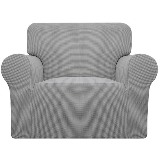 Picture of Easy-Going Stretch Chair Sofa Slipcover 1-Piece Couch Sofa Cover Furniture Protector Soft with Elastic Bottom for Kids, Pet. Spandex Jacquard Fabric Small Checks (Chair, Light Gray)