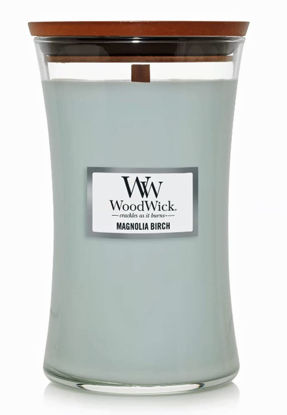Picture of WoodWick Large Hourglass Candle, Magnolia Birch - Premium Soy Blend Wax, Pluswick Innovation Wood Wick, Made in USA