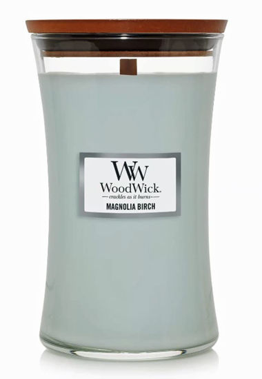 Picture of WoodWick Large Hourglass Candle, Magnolia Birch - Premium Soy Blend Wax, Pluswick Innovation Wood Wick, Made in USA