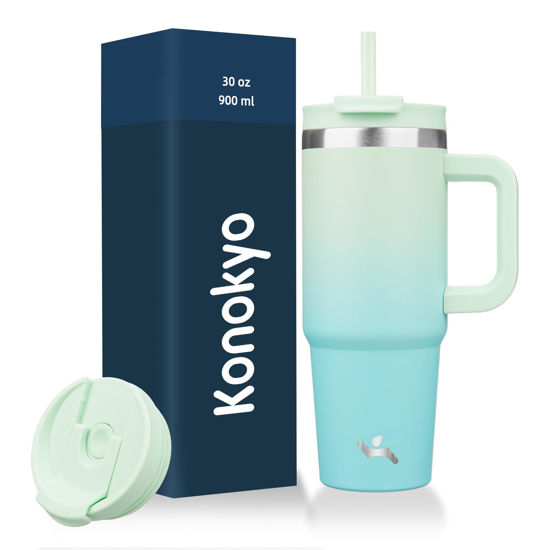 Picture of Konokyo 30 oz Tumbler with Handle and 2 Straws,2 in 1 Lid Insulated Water Bottle Stainless Steel Travel Coffee Mug,Mint