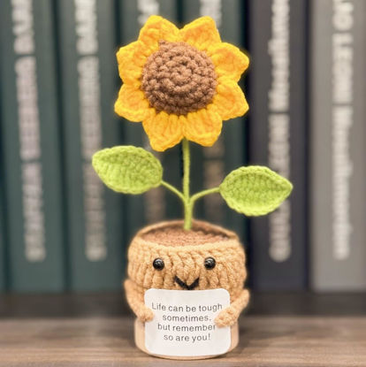 Picture of Handmade Crochet Positive Sunflowers Mini Funny Potted-Positive Emotional Support Sunflower Plant,Crochet Desk Decor,Crochet Sunflower Decor,Gift for Friends,Teacher,Mother Gift(Sunflower)