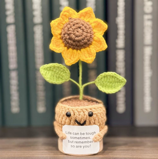 Picture of Handmade Crochet Positive Sunflowers Mini Funny Potted-Positive Emotional Support Sunflower Plant,Crochet Desk Decor,Crochet Sunflower Decor,Gift for Friends,Teacher,Mother Gift(Sunflower)