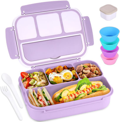 Picture of Bento Box Adult Lunch Box, Lunch Containers for Kids Girls Boys with 4 Compartments, Lunchable Food Container with Utensils, Sauce Jar, Muffin Liners, 40 Oz/5 Cup, Microwave Safe, Lavender
