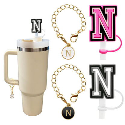 Picture of （2+2）2PCS Straw Cover for Stanley Cup 30&40 Oz 10mm Straw Topper with 2PCS Stanley Cup Accessories Letter Charms Name ID Initial Letter Handle Personalized Charm For Stanley Tumbler (Letter N)