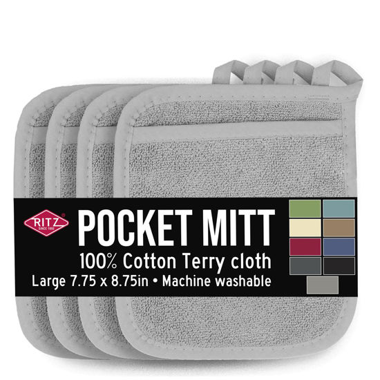 Picture of Ritz Terry Pocket Mitt & Hot Pad: Unparalleled Heat Resistant, Durable 100% Cotton - Ergonomically Designed for Optimal Grip - Easy-Care Machine Washable, Perfect for Your Kitchen - Titanium, 4-Pk