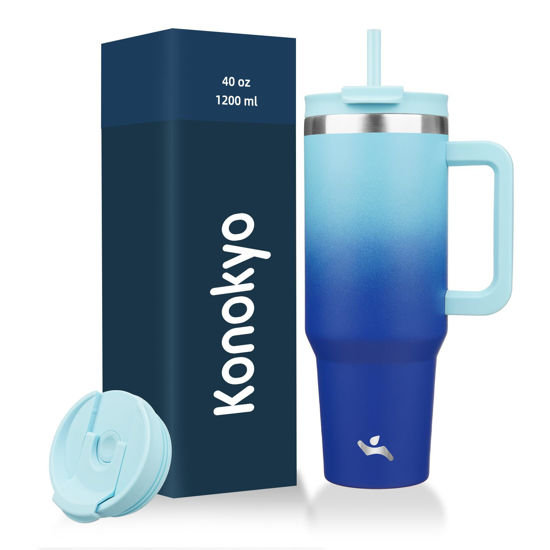 Picture of Konokyo 40 oz Tumbler with Handle and 2 Straws,2 in 1 Lid Insulated Water Bottle Stainless Steel Travel Coffee Mug,Sky