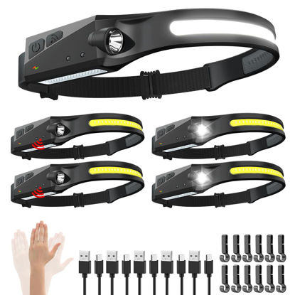 Picture of WopkDupk Rechargeable Headlamp 5PCS, 230° Wide Beam Head Lamp, Motion Sensor LED Headlamp Flashlight, 5Mode Headlamps for Adults, Bright Head Lights for Forehead, Hard Hat Headlight