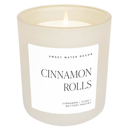 Picture of Sweet Water Decor Cinnamon Rolls Christmas Scented Candles - Christmas Stocking Stuffers Soy Candles Icing & Pastry Scent - Christmas Candles with 70 Hours Burn Time - 15Oz Tan Matte Jar Wax Candles