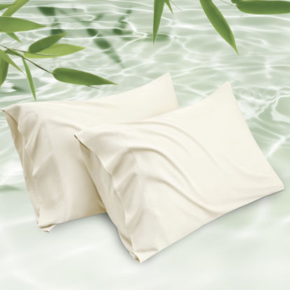 Picture of Bedsure King Size Pillow Cases Set of 2, Rayon Derived from Bamboo Cooling Pillowcase for Hot Sleepers, Soft & Silky Pillow Cover with Envelope Closure, Gift, Cream, 20x36 Inches