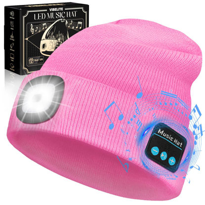 Picture of VIBELITE Bluetooth Beanie Hat with Light, USB Rechargeable LED Headlamp with Wireless Headphones, Gifts for Christmas, Stocking Stuffers for Adult Men Him Husband Boyfriend Dad Father, Pink
