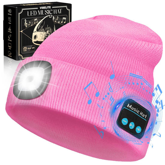 Picture of VIBELITE Bluetooth Beanie Hat with Light, USB Rechargeable LED Headlamp with Wireless Headphones, Gifts for Christmas, Stocking Stuffers for Adult Men Him Husband Boyfriend Dad Father, Pink