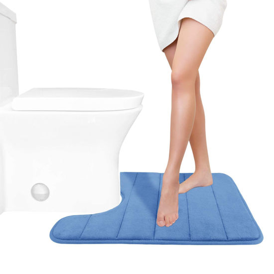 Picture of Yimobra Memory Foam Toilet Bath Mat U-Shaped, Soft and Comfortable, Super Water Absorption, Non-Slip, Thick, Machine Wash and Easier to Dry for Bathroom Commode Contour Rug, 24 X 20 Inches, Blue