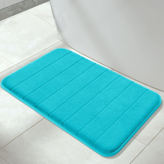 Picture of Yimobra Memory Foam Bath Mat Large Size 31.5 by 19.8 Inches, Soft and Comfortable, Super Water Absorption, Non-Slip, Thick, Machine Wash, Easier to Dry for Bathroom Floor Rug, Lake Blue