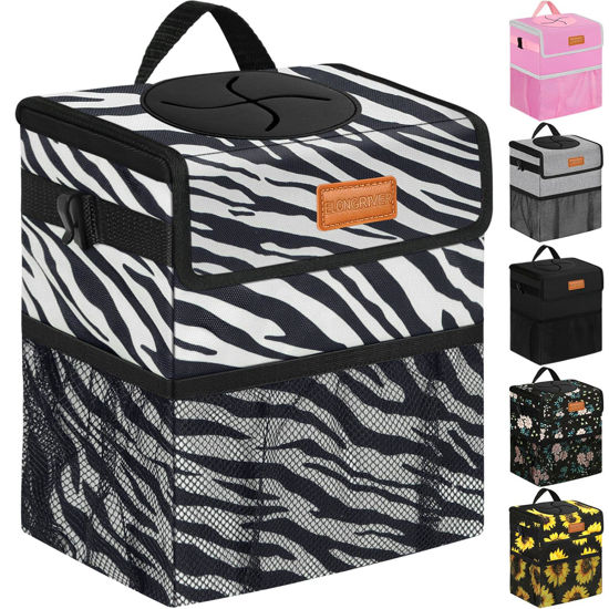 Picture of ELONGRIVER Car Trash Can Bin for Car Back Seat Leak Proof, Cute Car Trash Bag Hanging, Vehicle Trash Can for Suv Truck Van, Automotive Car Garbage Cans Front Seat Zebra
