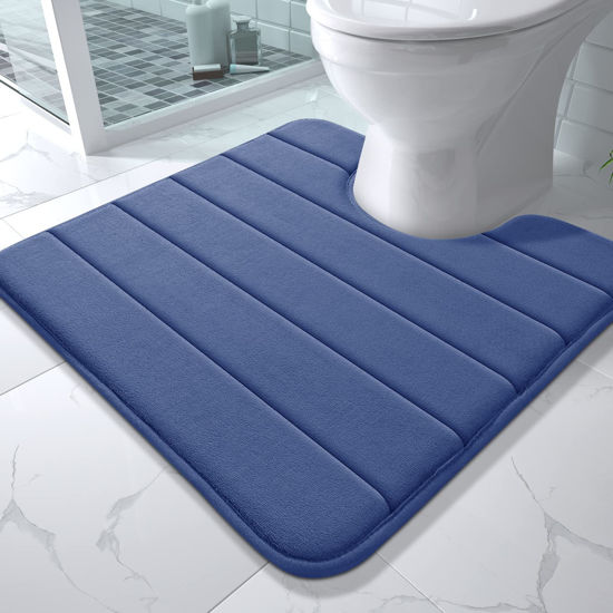 Picture of Yimobra Memory Foam Toilet Bath Mat U-Shaped, Soft and Comfortable, Super Water Absorption, Non-Slip, Thick, Machine Wash and Easier to Dry for Bathroom Commode Contour Rug, 24 X 24 Inches, Navy Blue