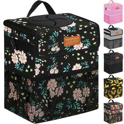 Picture of ELONGRIVER Car Trash Can for Car with Lid Leak Proof, Cute Car Can Trash Bag Hanging, Vehicle Trash Can for SUV Truck Van, Car Garbage Can for Back Front Seat Colorful Floral