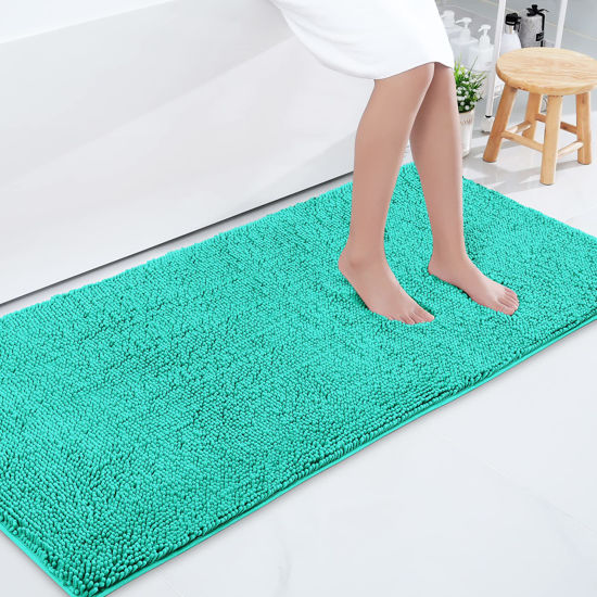 Picture of Smiry Luxury Chenille Bathroom Rugs 59x24, Extra Soft and Absorbent Shaggy Bath Mat, Machine Washable, Non-Slip Plush Carpet Runner for Tub, Shower, and Floor, Home Decor Accessories, Turquoise