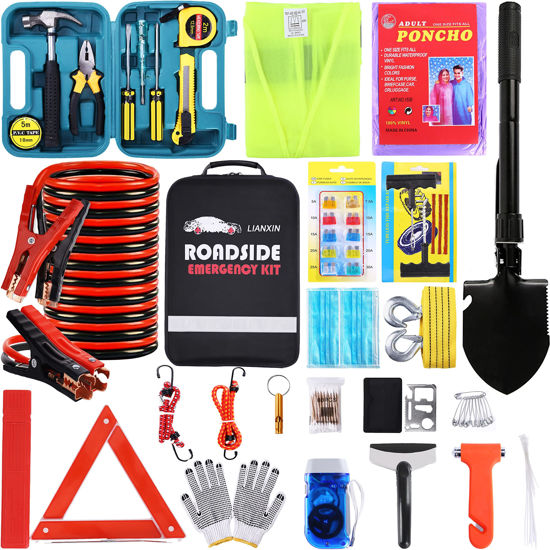 Picture of LIANXIN Roadside Emergency Car Kit-Safety Car Kit Car Emergency Kit with Jumper Cables Roadside Assistance Kit, Tow Rope, Safety Hammer, Reflective Warning Triangle,Car Tool Kit