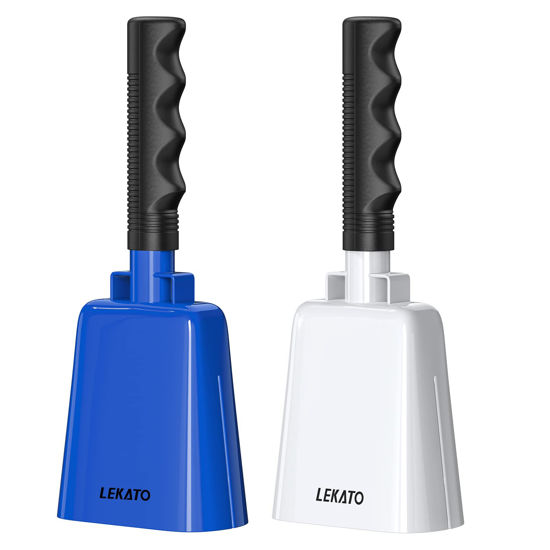 Picture of 8 Inch Steel Cow Bell with Handle, 2-Pack Noise Makers Cowbell for Sport Events Cheering Hand Bell for Football Games,Party, Concert, Graduations, School, Farm Ranch(Blue+White)
