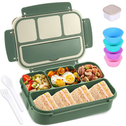 Picture of Bento Box Adult Lunch Box, Lunch Containers for Kids Girls Boys with 4 Compartments, Lunchable Food Container with Utensils, Sauce Jar, Muffin Liners, 40 Oz/5 Cup, Microwave & Dishwasher Safe, Green
