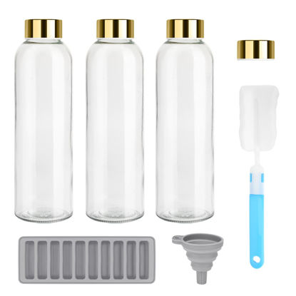 Picture of Zukro Glass Juice Bottles with Lids for Juicing 18 oz, Reusable Clear Glass Water Bottles with Stainless Steel Airtight Cap for Refrigerator, 100% Leak Proof, BPA Free, Set of 3, Gold Lid