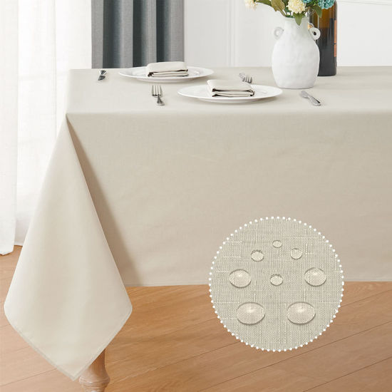Picture of Veblandy Rectangle 6 Feet Tablecloth 60x104 inch Linen Textured Table Cloth Stain and Wrinkle Resistant Washable Polyester, Decorative Table Cover Waterproof for Dining, Buffet and Camping, Beige