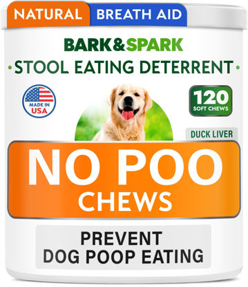 Picture of BARK&SPARK No Poo Chews for Dogs - Coprophagia & Stool Eating Deterrent with Probiotics, Digestive Enzymes & Breath Aid Support - Stop Dog Poop Eating - Made in USA - 120 Soft Chews - Duck Liver