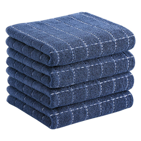 Picture of Homaxy 100% Cotton Terry Kitchen Towels(Navy Blue, 13 x 28 inches), Checkered Designed, Soft and Super Absorbent Dish Towels, 4 Pack