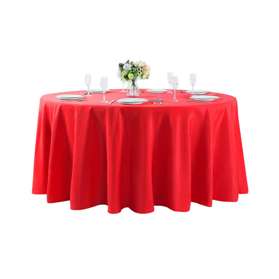 Picture of 120 inch Round Tablecloth Washable Polyester Table Cloth Decorative Table Cover for Wedding Party Dining Banquet（120 inch,Red）