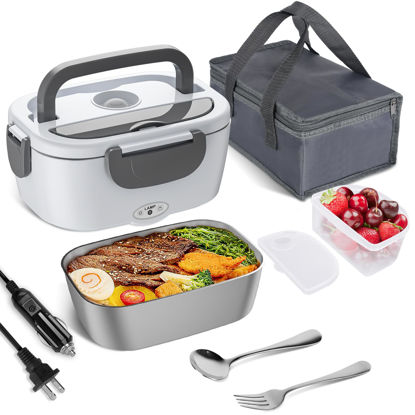 Picture of Vabaso Electric Lunch Box Food Heater, 80W Electric Heating Lunch Boxes Lunch for Car/Men/Adults/Home/Work, 1.5L Removable 304 Stainless Steel Container, 110V/12V/24V, with Fork & Spoon