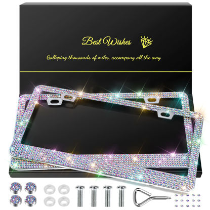 Picture of QUANQIUFEI 2 Pack Bling License Plate Frames for Women, Sparkly Rhinestone Diamond Car Accessories with Glitter Crystal Caps (Colorful)