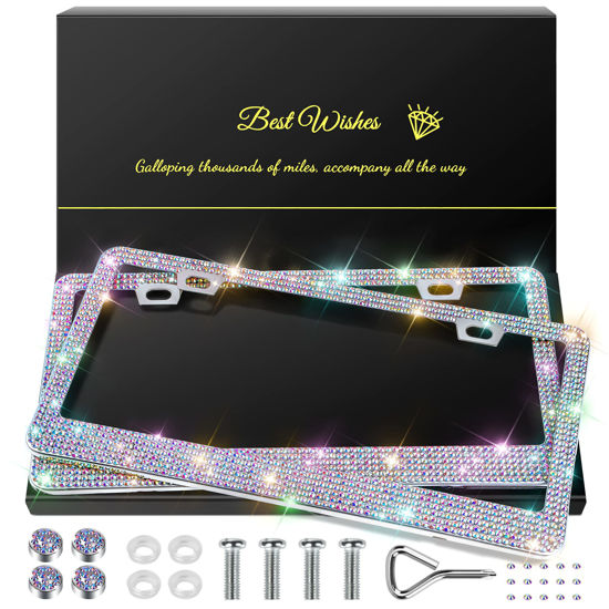 Picture of QUANQIUFEI 2 Pack Bling License Plate Frames for Women, Sparkly Rhinestone Diamond Car Accessories with Glitter Crystal Caps (Colorful)