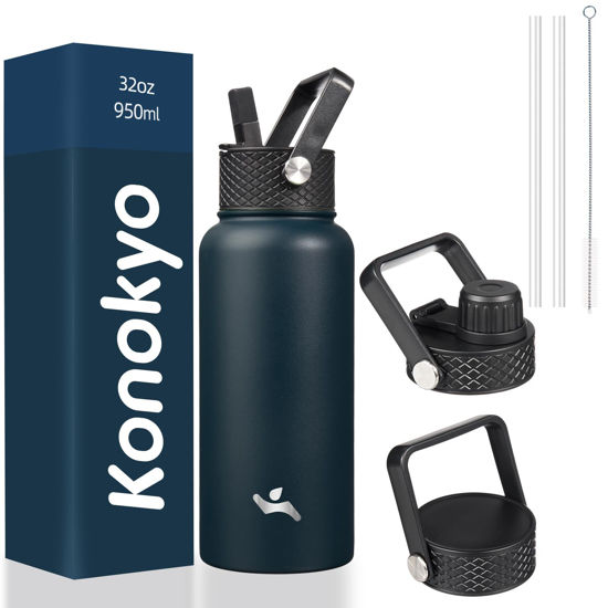 Picture of Konokyo 32 oz Insulated Water Bottle Stainless Steel Sport Bottles with 3 Lids,Navy Blue