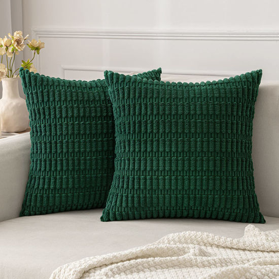 Picture of MIULEE Pack of 2 Dark Green Corduroy Decorative Pillow Covers 18x18 Inch Soft Boho Striped Throw Pillow Covers Modern Farmhouse Home Decor for Sofa Living Room Couch Bed