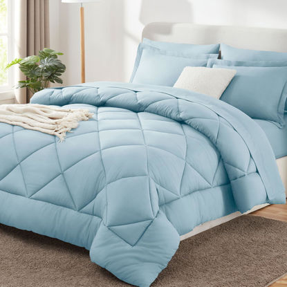 Picture of CozyLux King Bed in a Bag 7-Pieces Comforter Sets with Comforter and Sheets Light Blue All Season Bedding Sets with Comforter, Pillow Shams, Flat Sheet, Fitted Sheet and Pillowcases