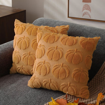 Picture of DFXSZ Fall Pillow Covers 18x18 Set of 2 Fall Decorations Light Orange Pumpkin Throw Pillow Cases Soft Plush Faux Fur Wool Couch Cushion Case for Chair Sofa Bedroom Living Room Home Decor PTK012D18