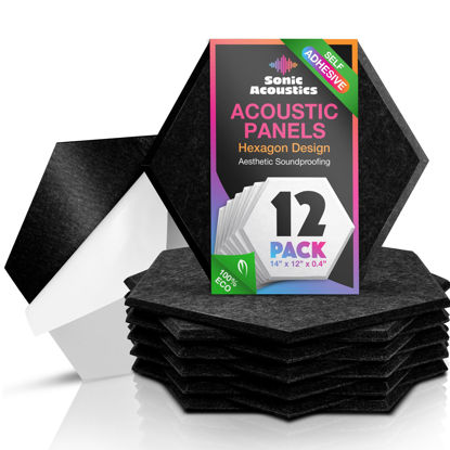 Picture of Sonic Acoustics Self-Adhesive 12 Pack Hexagon Acoustic Panels, 14" X 12" X 0.4" High Density Sound Absorbing Panels Sound Proof Insulation Beveled Edge Studio Treatment Tiles-Black