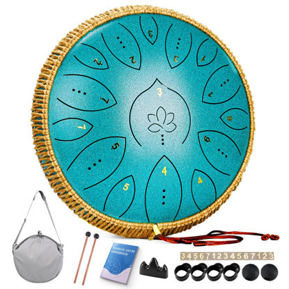 Picture of Steel Tongue Drum, 13 Inches 15 Notes Tongue Drum, Steel Drums for Adults, Steel Pan Drum Song Book, Hand Pan Drum Mallets, Handpan C Major, Malachite Green