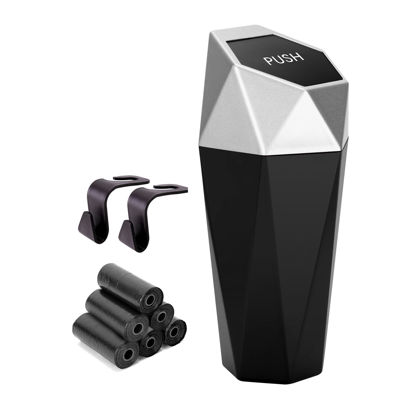 Picture of Ginsco Car Trash Can Cup Holder, Mini Car Trash Can with Lid, Car Accessories for Interior, Leakproof Small Trash Cup for Car, Home, Bedroom with 2 ABS Hooks and 90pcs Trash Bags Silver