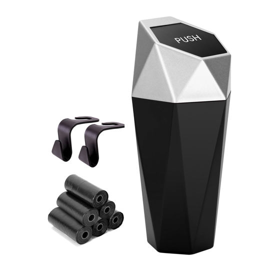 Picture of Ginsco Car Trash Can Cup Holder, Mini Car Trash Can with Lid, Car Accessories for Interior, Leakproof Small Trash Cup for Car, Home, Bedroom with 2 ABS Hooks and 90pcs Trash Bags Silver