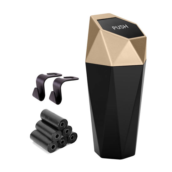 Picture of Ginsco Car Trash Can Cup Holder, Mini Car Trash Can with Lid, Car Accessories for Interior, Leakproof Small Trash Cup for Car, Home, Bedroom with Additional 2 ABS Hooks and 90pcs Trash Bags Golden