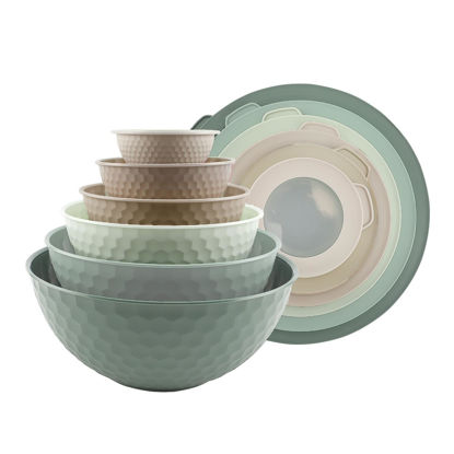 Picture of COOK WITH COLOR Mixing Bowls with Lids - 12 Piece Plastic Nesting Bowls Set includes 6 Prep Bowls and 6 Lids, Non Slip Bottom and Embossed Design - Microwave Safe (Mint)