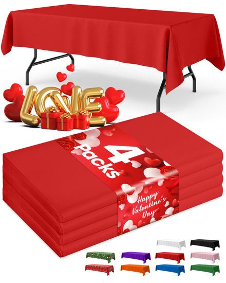 Picture of Niuara Red Plastic Table Cloth Rectangle Table 4 Pack, 54''×108'' Red Tablecloth for Valentine's Day, Table Cloth for Disposable Use, Table Cover for Holiday Party, Gathering
